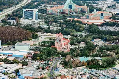 Helicopter aerial view of Walt Disney World theme parks including Epcot, Hollywood Studios, and Animal Kingdom in Orlando Helicopter aerial view of Walt Disney World theme parks including Epcot, Hollywood Studios, and Animal Kingdom in Orlando