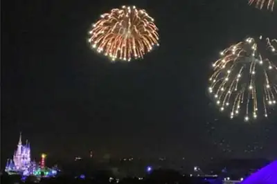 Nighttime helicopter view of fireworks over Orlando theme parks with colorful explosions lighting the skyline Nighttime helicopter view of fireworks over Orlando theme parks with colorful explosions lighting the skyline